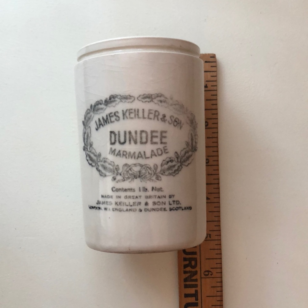 Authentic antique Dundee Marmalade crock. James Keiller & Son.